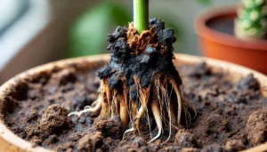 Close-up of a plant's roots emerging from rich, dark soil in a pot, showcasing healthy, vibrant growth.
