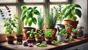 A lush collection of potted herbs, including basil, rosemary, and mint, arranged on a sunlit windowsill with garlic and dried herbs nearby.