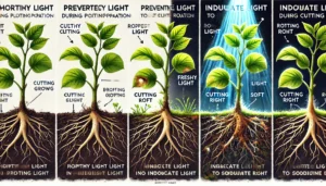 Illustration showing plant growth under various light conditions, with labels for cutting and root development stages.