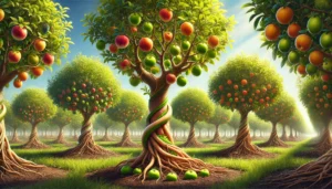 A vibrant orchard filled with various fruit trees, intertwining roots, and colorful fruits glistening under sunlight.