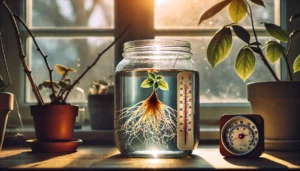 A glass jar with roots and a leafy plant sits in sunlight, beside a thermometer and potted plants, evoking a serene indoor garden.