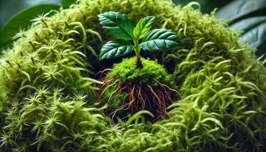 A young green plant sprouting amidst lush moss, with intricate roots visible, symbolizing growth and renewal in nature.