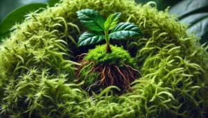 A young green plant sprouting amidst lush moss, with intricate roots visible, symbolizing growth and renewal in nature.