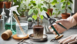 A gloved hand holding pruning shears near a potted plant, surrounded by gardening tools, water, and sprayers in a bright workspace.