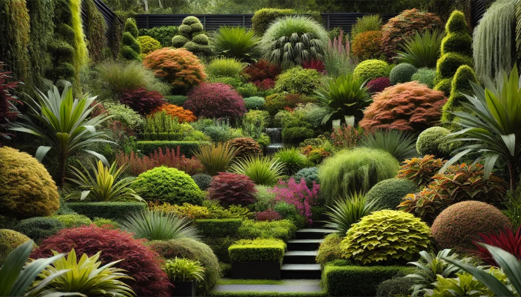 A vibrant, lush garden featuring diverse plants, shrubs, and trees in various shapes and colors, showcasing a harmonious landscape.
