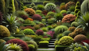 A vibrant, lush garden featuring diverse plants, shrubs, and trees in various shapes and colors, showcasing a harmonious landscape.