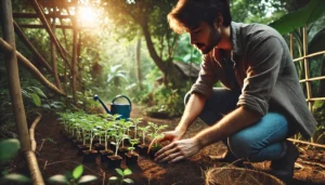 A person crouches in a garden, carefully planting seedlings in rich soil, surrounded by lush greenery and sunlight filtering through trees.