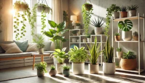 Bright, serene indoor space filled with various potted plants, sunlit with soft furnishings and wooden decor, creating a lush atmosphere.
