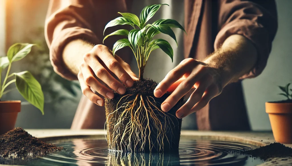 A person gently holds a potted plant with visible roots, preparing to place it in water, symbolizing care for nature.