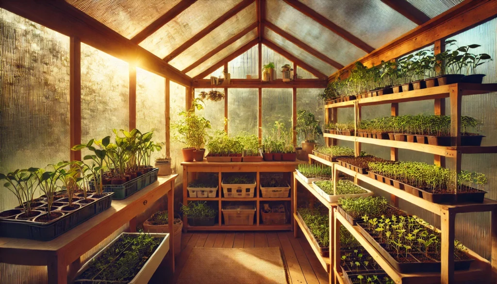 Sunlit greenhouse filled with thriving seedlings on wooden shelves, pots, and tables, showcasing a rich variety of young plants.