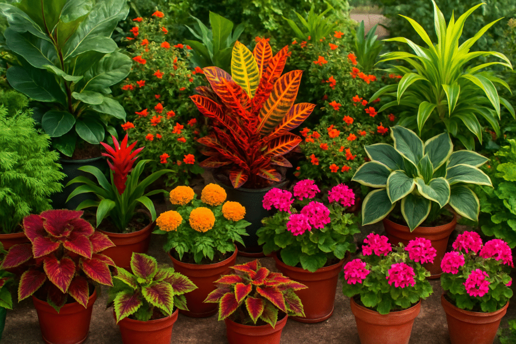 A vibrant array of potted plants featuring red, orange, pink flowers, and lush green leaves in a garden setting.