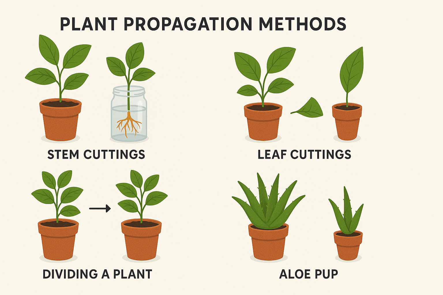 Illustration depicting four plant propagation methods: stem cuttings, leaf cuttings, dividing a plant, and aloe pups.