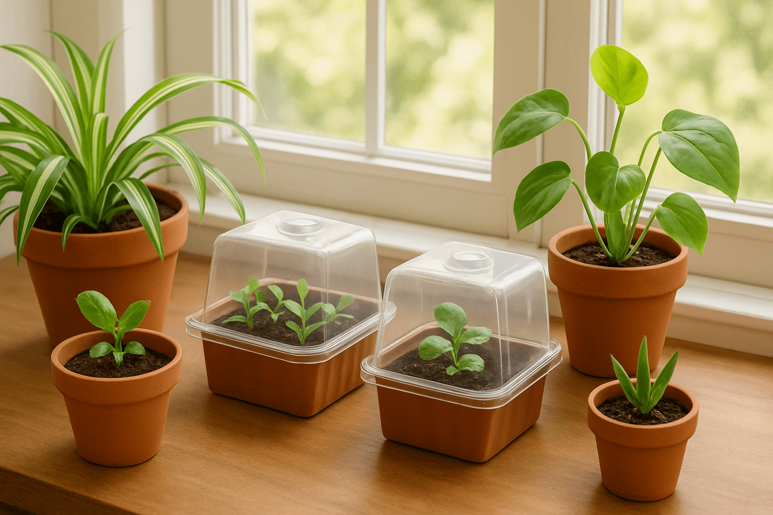 A sunny windowsill displays various potted plants, including seedlings under clear domes and vibrant green foliage from larger pots.