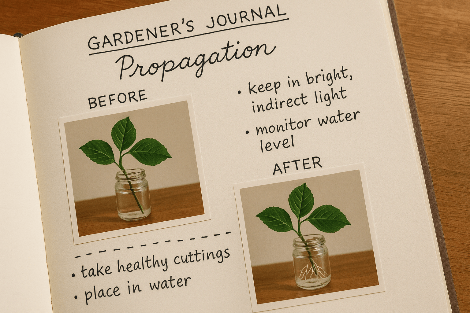 An open gardener's journal showing plant propagation tips with "Before" and "After" images of a cutting in water with roots.