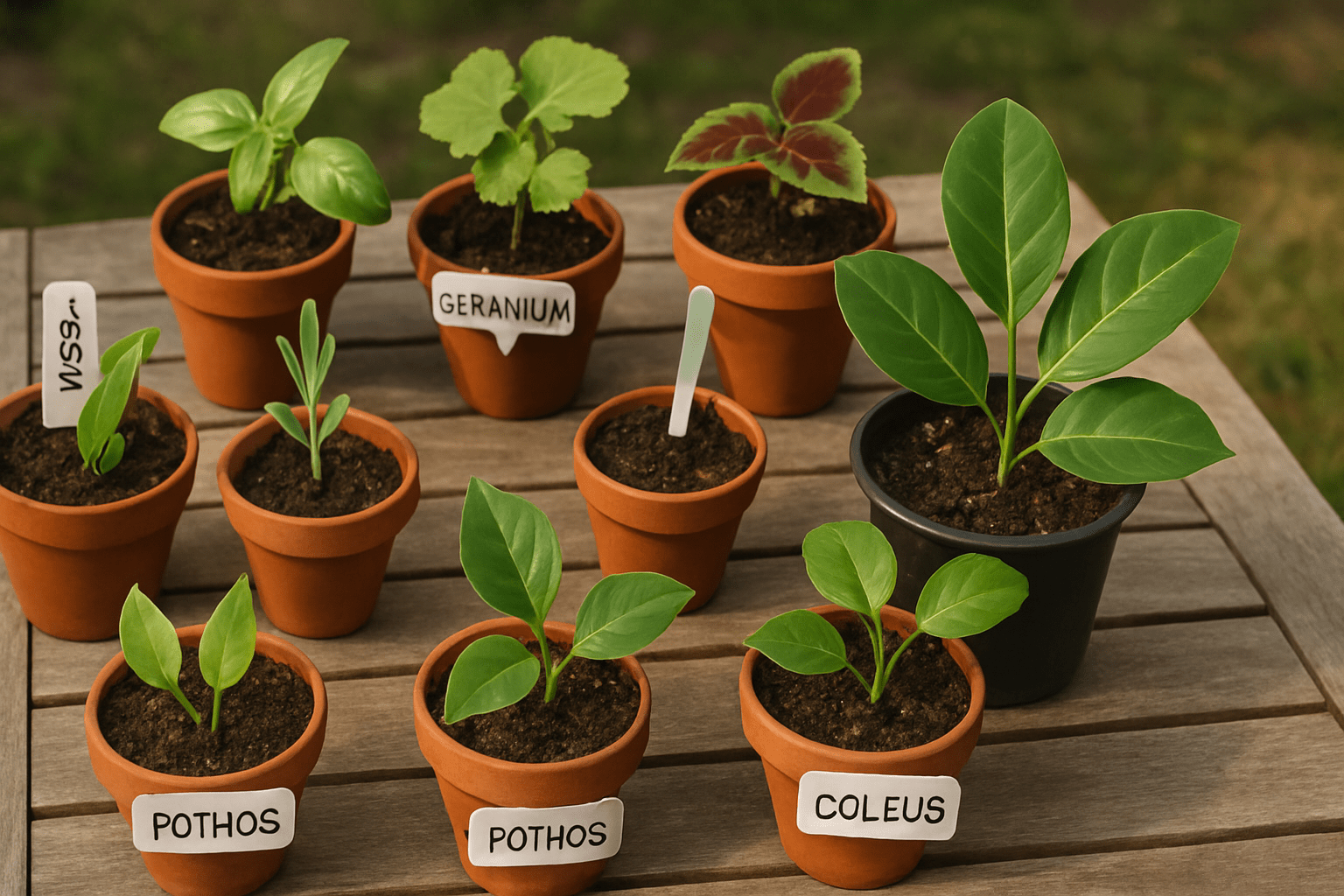 A wooden table features several potted plants, labeled with names like "Pothos," "Coleus," and "Geranium."