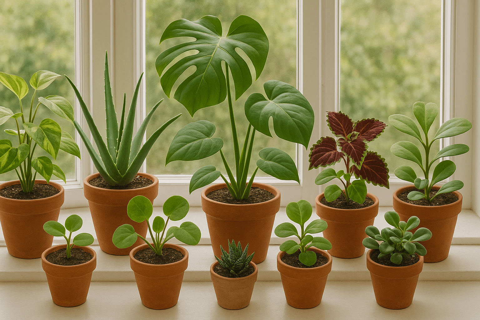 A sunny windowsill displays various potted houseplants, including Monstera, aloe, and succulents, in terracotta pots.