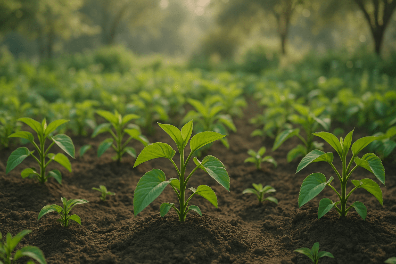 A close-up of young green plants emerging from rich, dark soil, set against a softly lit, lush background of nature.