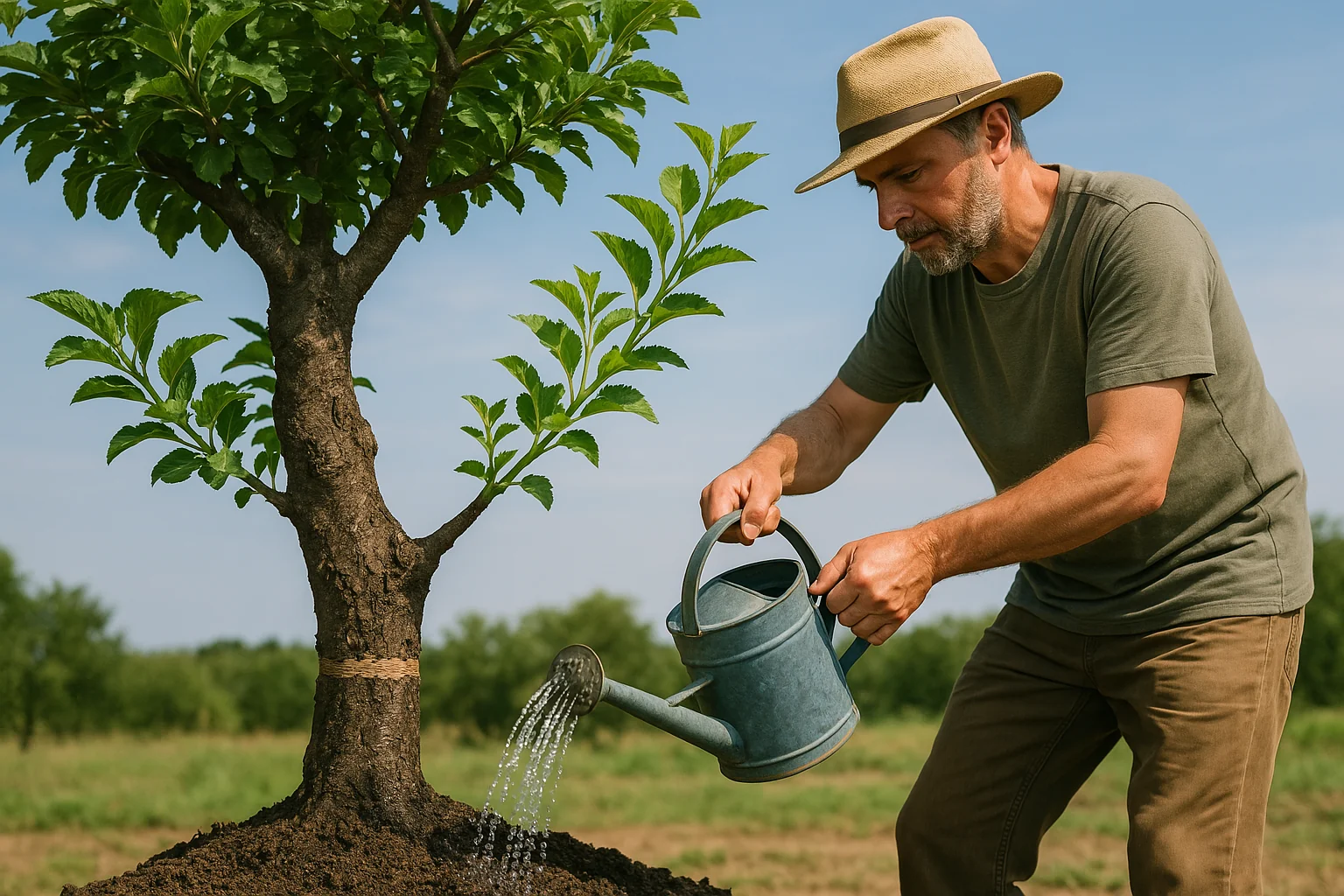 A person waters a young tree with a blue watering can, nurturing the plant against a sunny, green landscape backdrop.