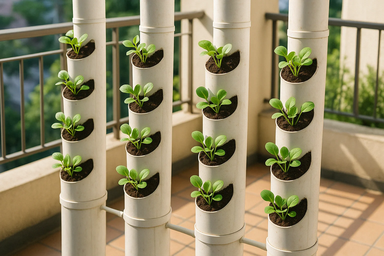 Vertical garden with multiple PVC pipes, each filled with soil and growing leafy green plants, set against a balcony backdrop.