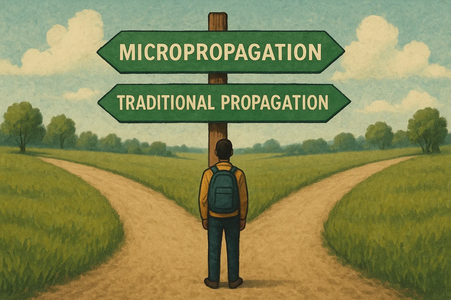 A person stands at a crossroads with signs pointing towards "Micropropagation" and "Traditional Propagation" amid a serene landscape.