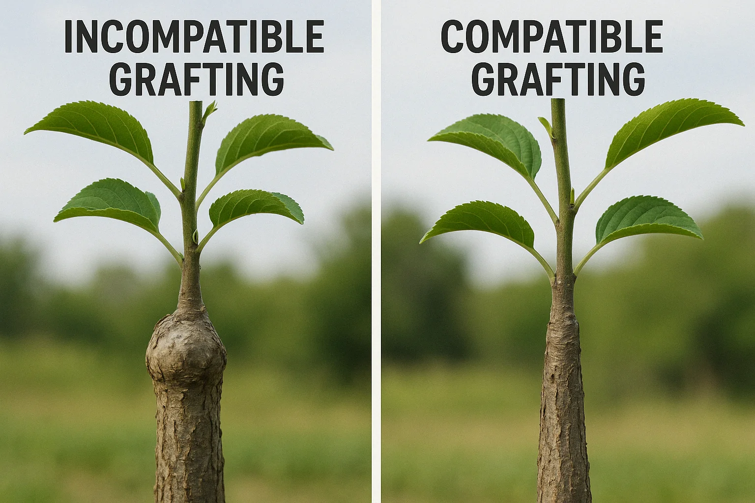 Side-by-side comparison of tree grafting: left shows "Incompatible Grafting" with poor growth, right shows "Compatible Grafting" with healthy growth.