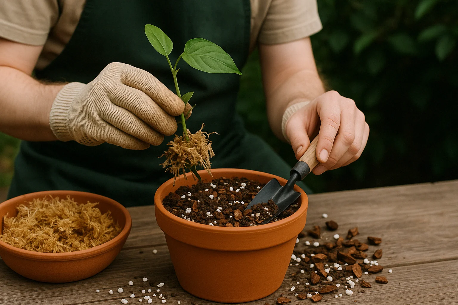 A person in gardening gloves plants a young green sprout into a terracotta pot filled with soil, using a small spade.
