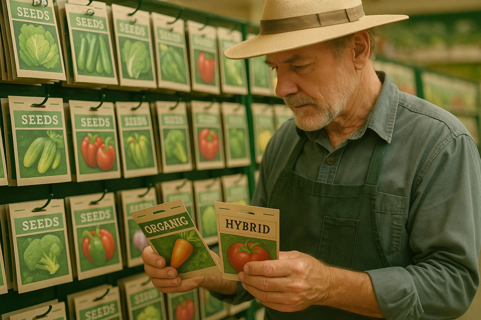 A person in a straw hat holds seed packets labeled "Organic" and "Hybrid," surrounded by various seed packages on a display.