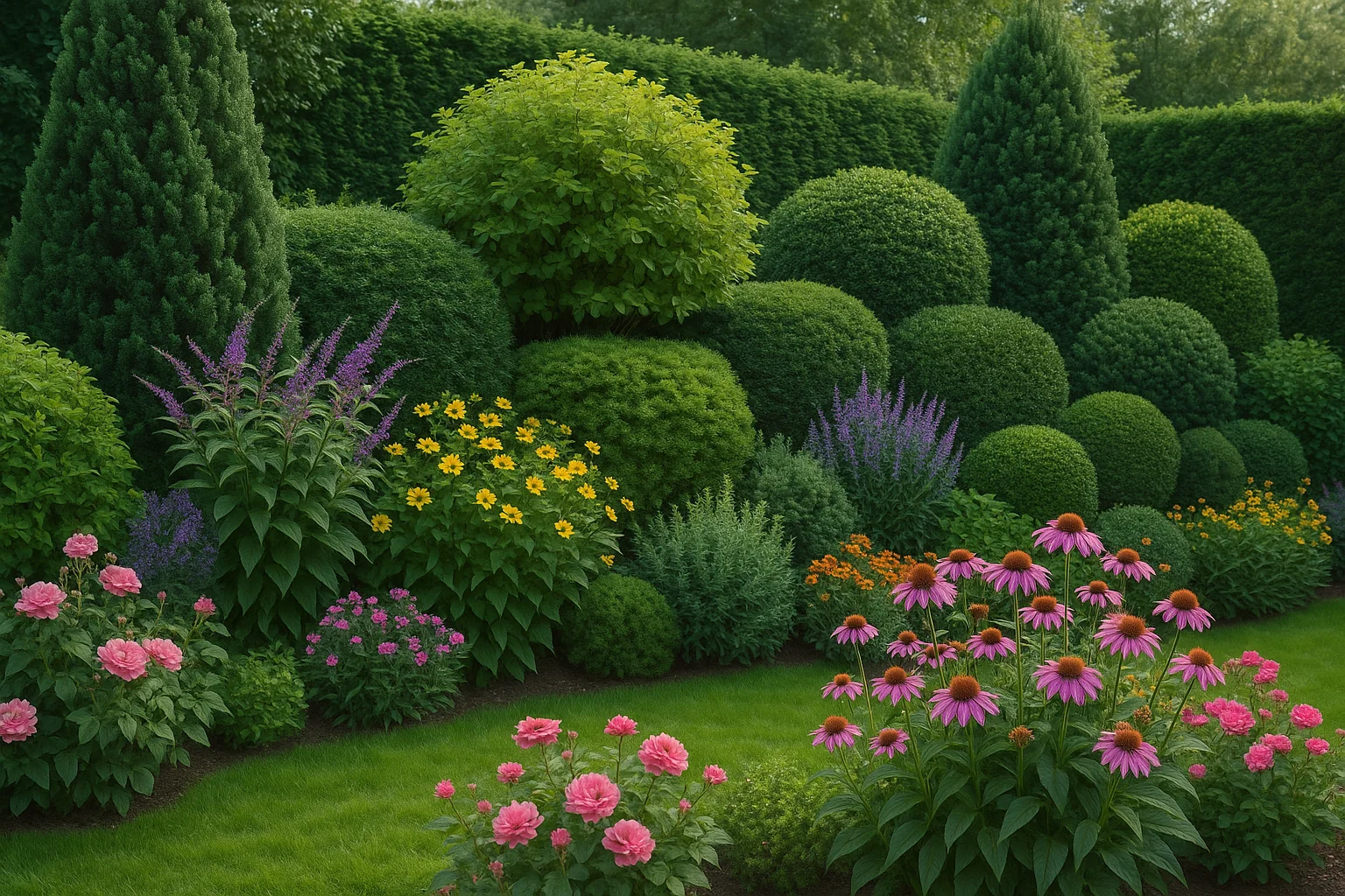Lush garden featuring vibrant flowering plants, rounded hedges, and conical evergreens, set against a manicured green lawn.