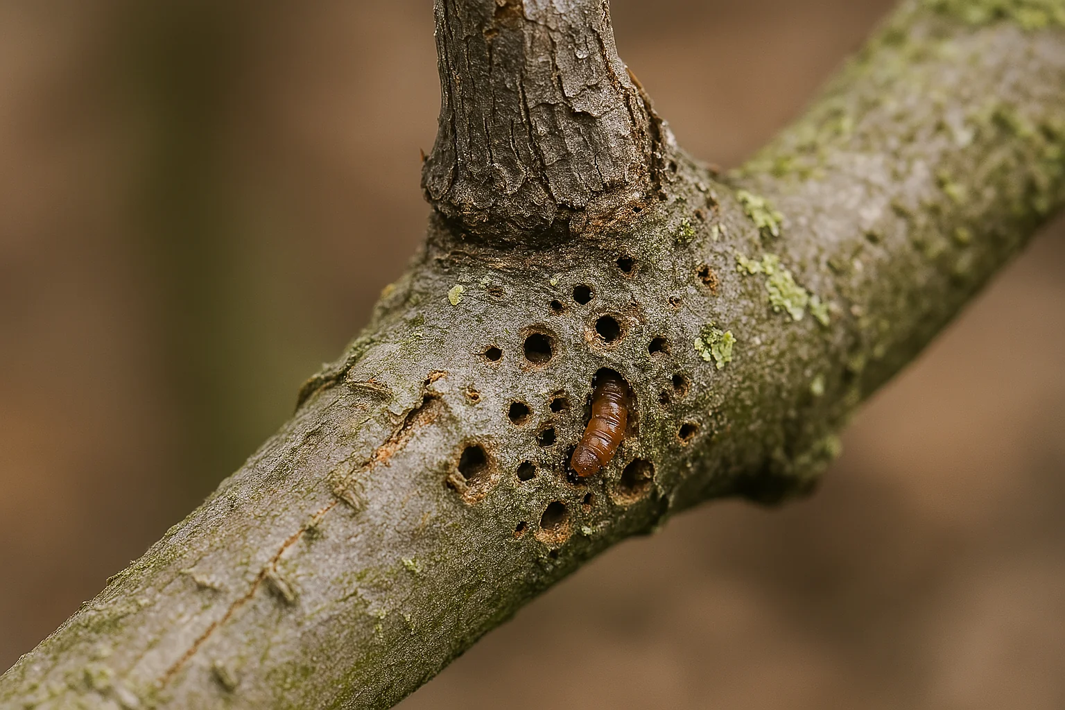 A close-up of a tree branch with multiple holes, showcasing a brown larva emerging from one of the openings.
