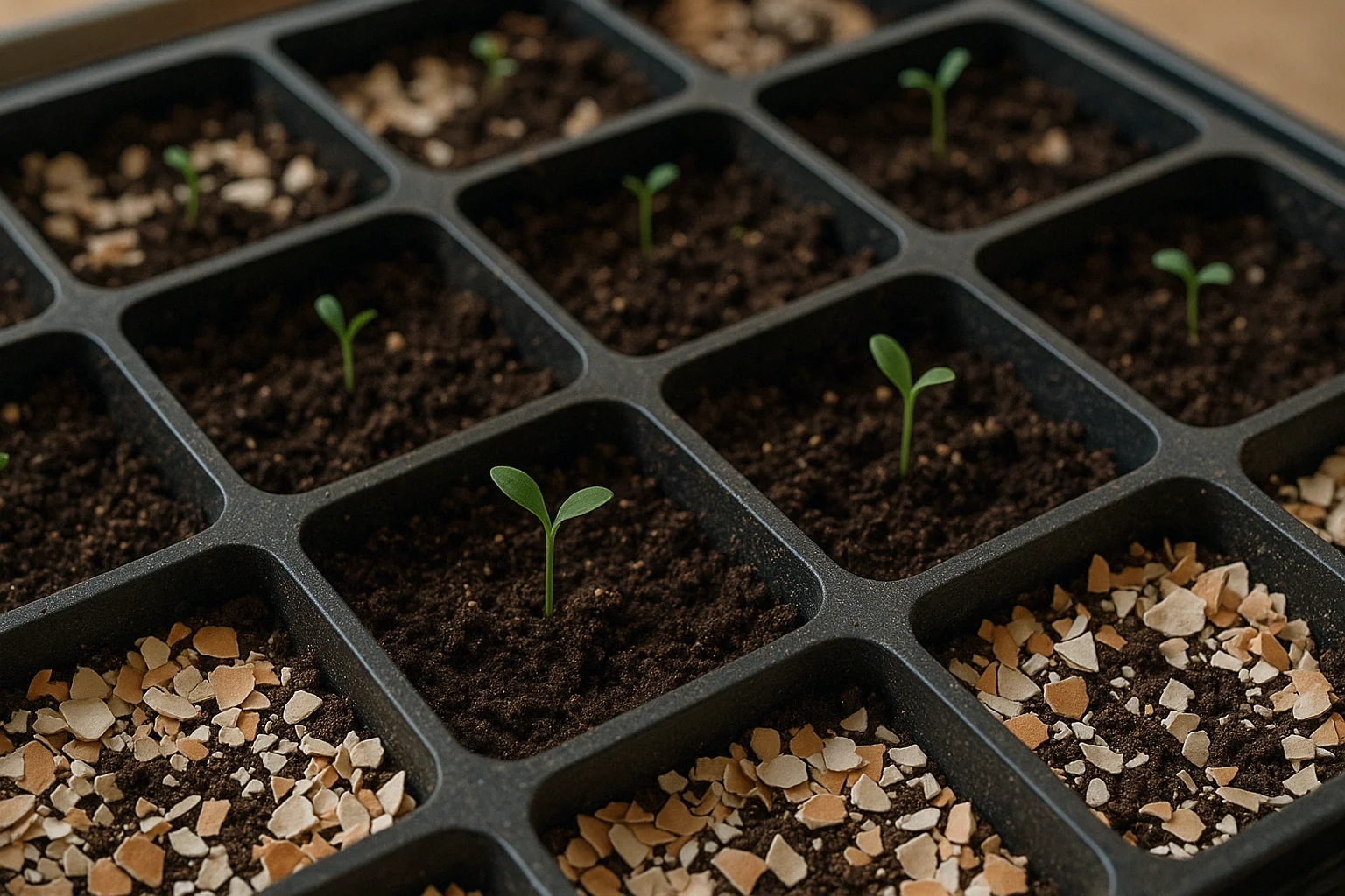 Seedlings sprouting in a black seed tray, with rich soil and crushed eggshells for nutrients in nearby compartments.