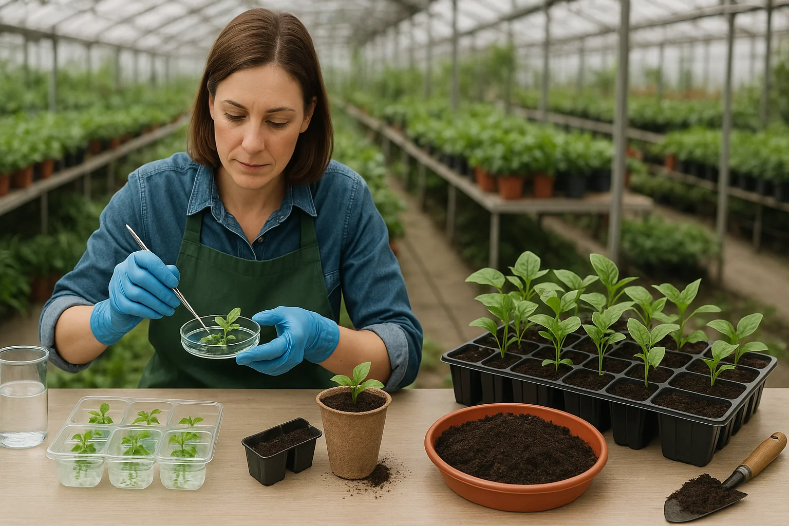A person in a greenhouse wearing gloves and an apron, tending to young plants in pots and trays, surrounded by soil and water.