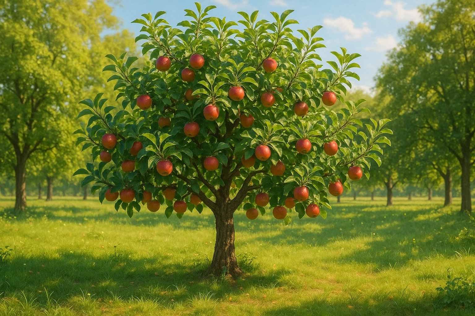 A vibrant apple tree laden with ripe, red apples stands in a lush green orchard under a clear blue sky.