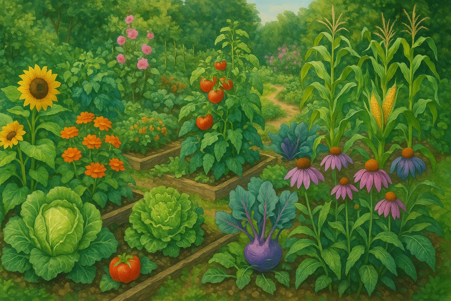 A vibrant vegetable garden featuring sunflowers, tomatoes, corn, lettuce, and colorful flowers amidst lush greenery.