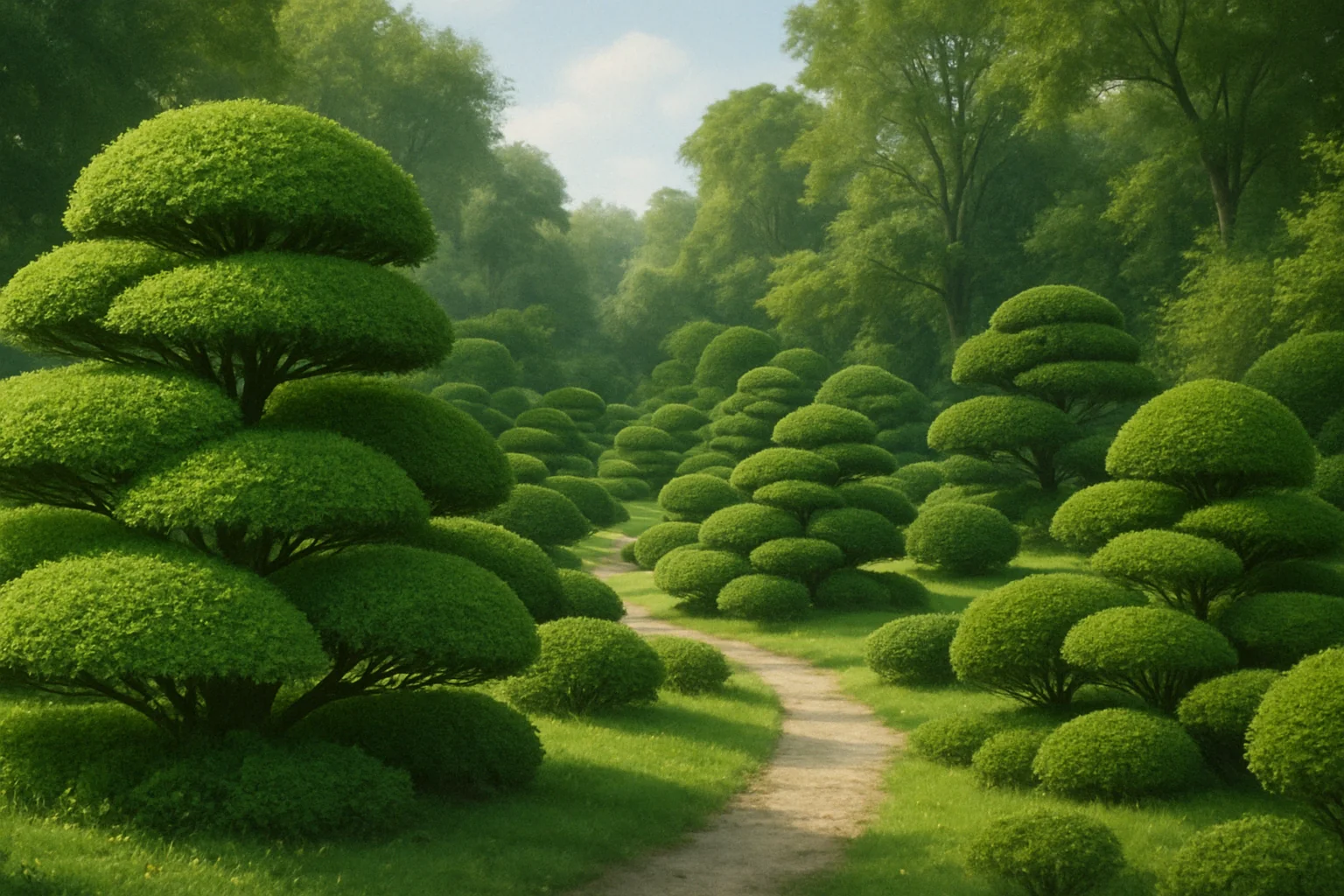 Lush green garden with rounded shrubbery lining a winding path, framed by tall trees under a clear sky.