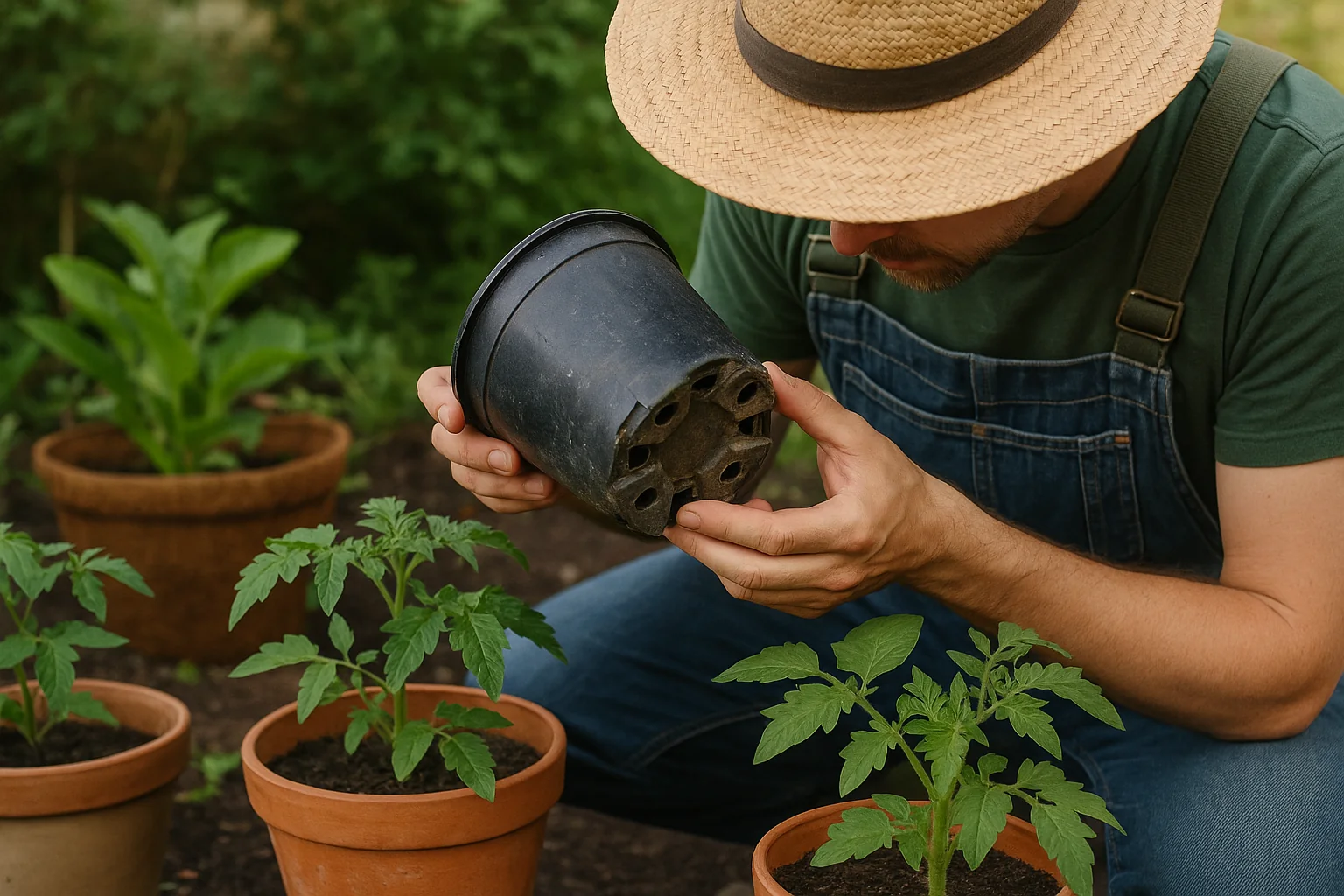 A gardener examines a black plant pot while kneeling near young tomato plants in clay pots, wearing a straw hat and overalls.