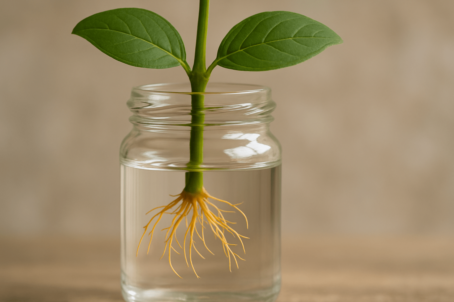 A green plant with two leaves grows from a jar filled with water, showcasing vibrant yellow roots beneath the surface.