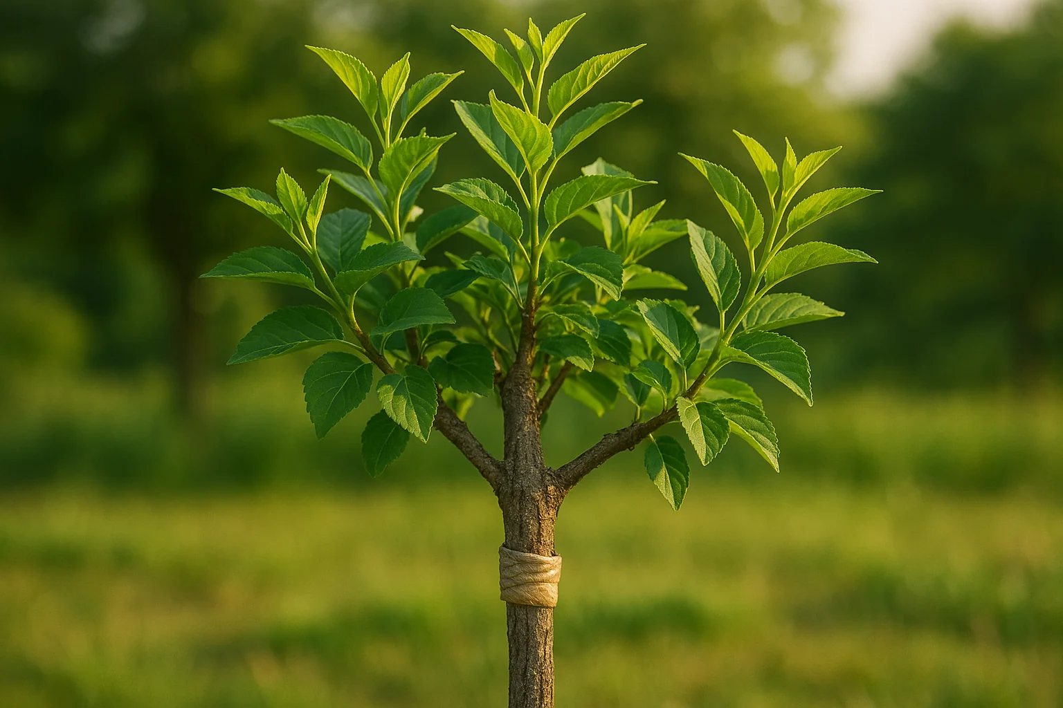 A young tree with vibrant green leaves and a protective wrap around its trunk, stands out against a blurred green background.