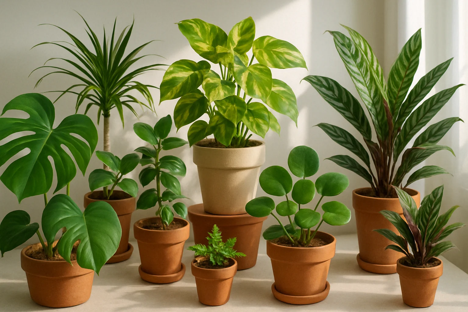 A variety of potted houseplants in earthy pots, showcasing lush green leaves and diverse shapes, arranged near a bright window.