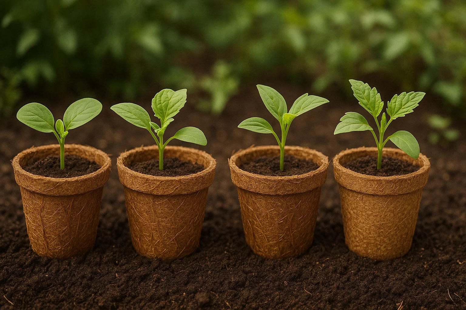 Four small green seedlings in biodegradable pots, resting in dark, rich soil, surrounded by a blurred garden background.