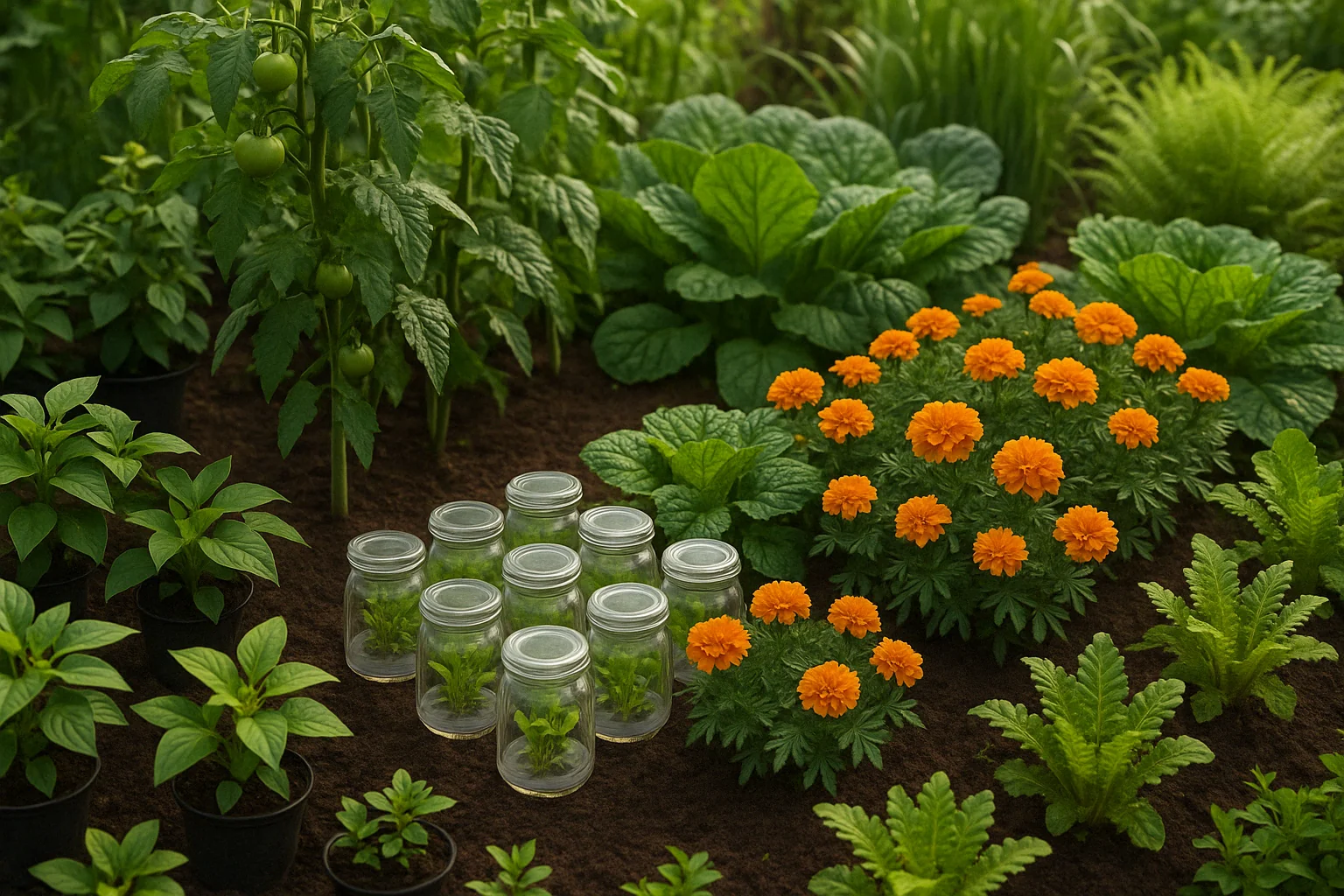 A vibrant garden with green tomato plants, potted herbs, marigold flowers, and small jars containing youthful plants on rich soil.