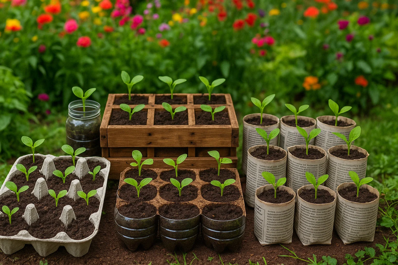 Seedlings in various containers, including egg cartons and recycled paper, set against a colorful flower garden background.
