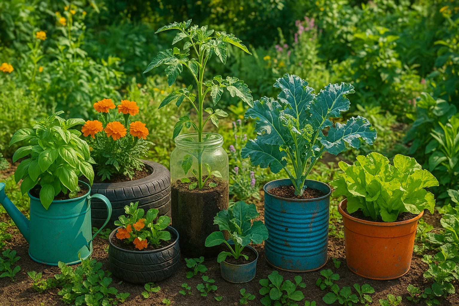 A vibrant garden scene featuring potted herbs, vegetables, and marigolds in various containers, with lush greenery in the background.