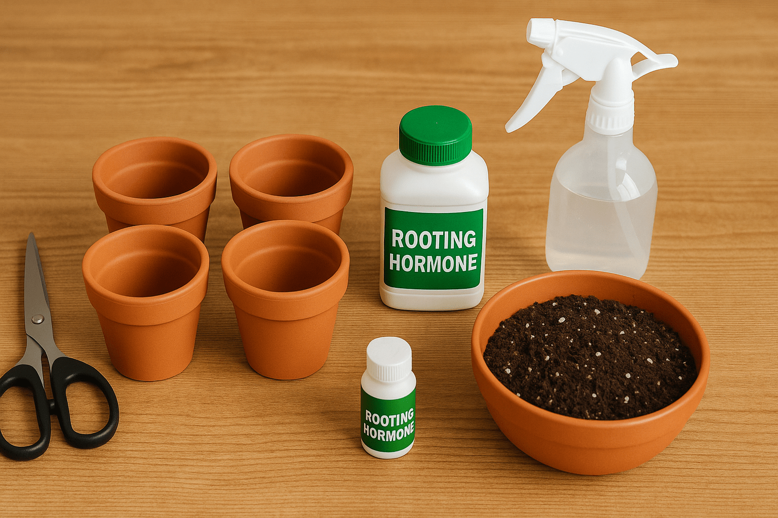A setup for plant propagation featuring four terracotta pots, two rooting hormone bottles, a spray bottle, scissors, and potting soil.