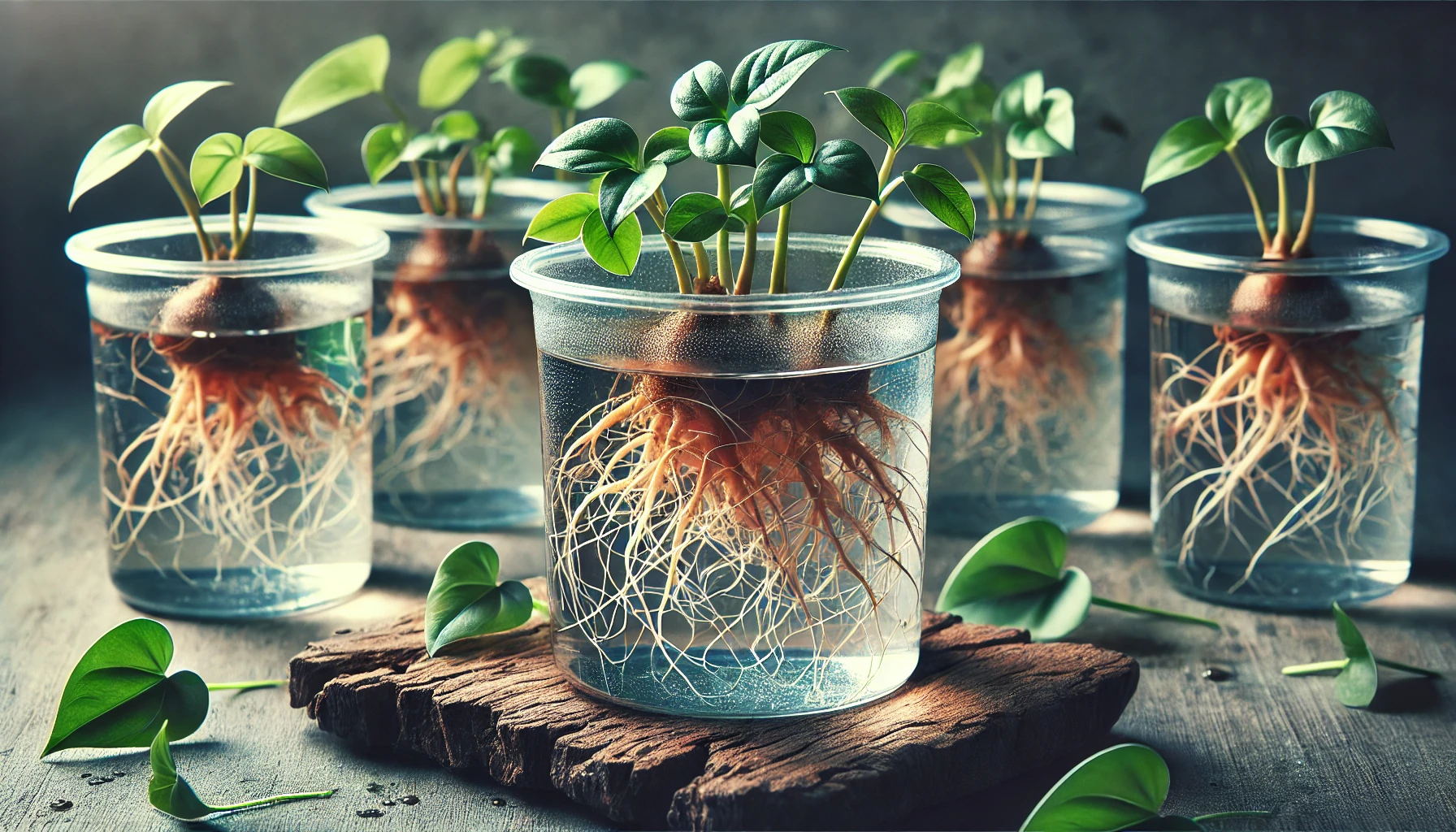 Several transparent cups with water, each containing sprouting plants and exposed roots, arranged on a wooden surface.