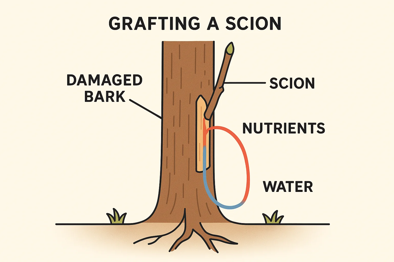 Illustration of tree grafting, showing scion placement, damaged bark, and pathways for nutrients and water.