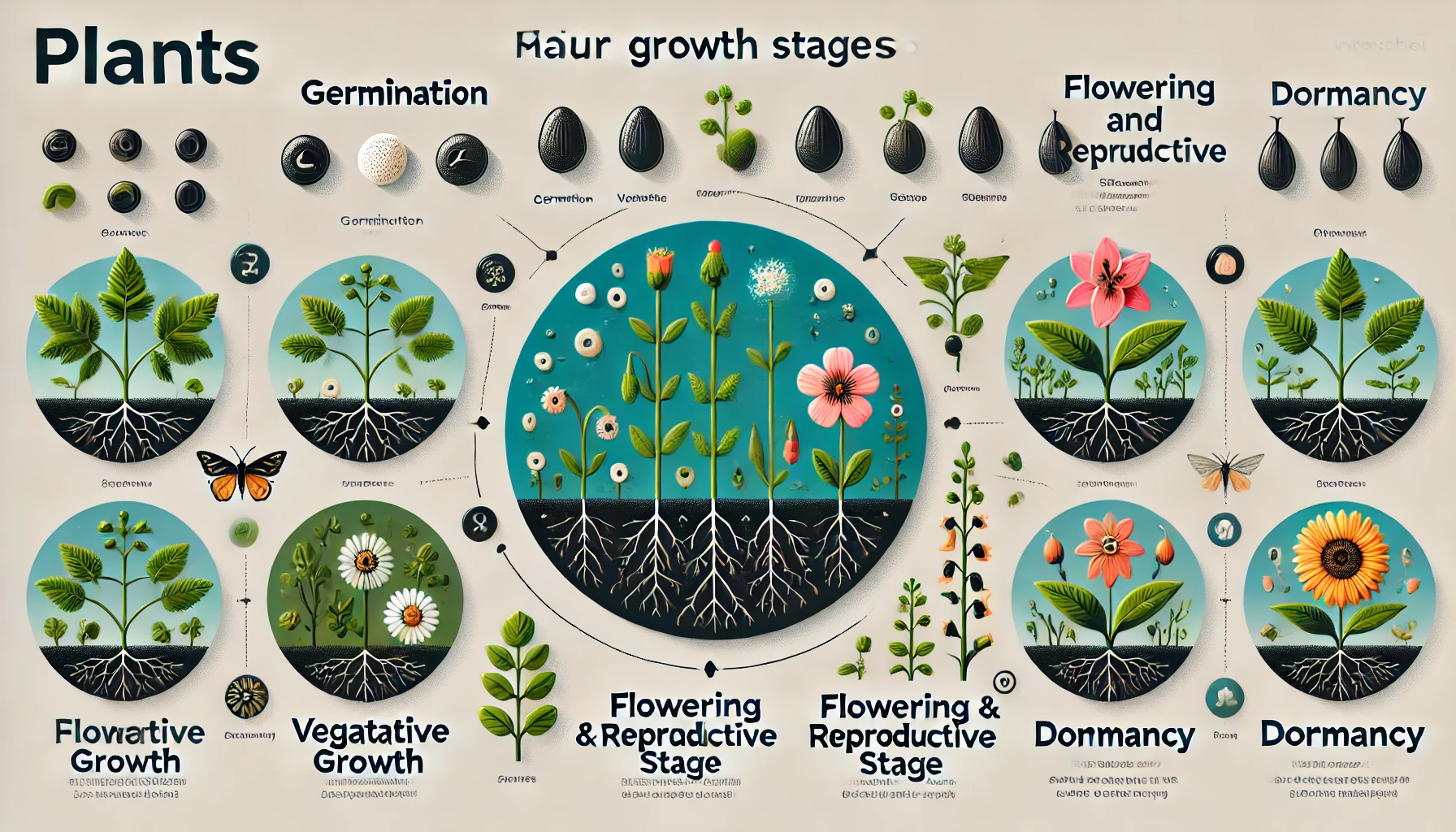 Illustration of plant growth stages: germination, vegetative growth, flowering & reproductive stage, and dormancy with detailed roots.