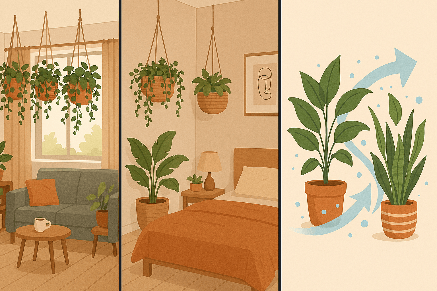 A cozy living space featuring hanging plants, a sofa, and a bedroom with a warm color scheme, alongside illustrations of plant care.