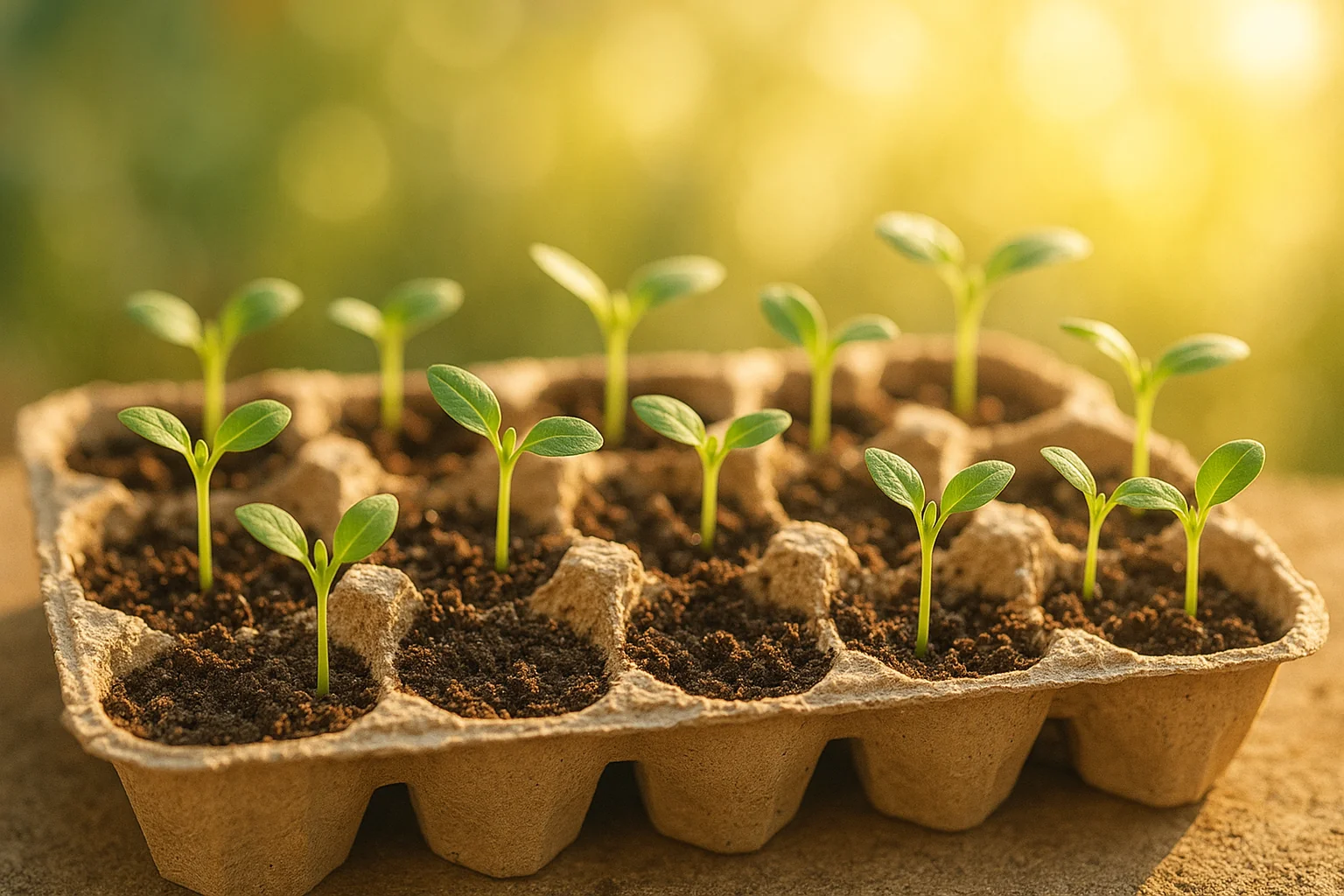 Close-up of young green seedlings growing in an egg carton planter, surrounded by rich soil and bathed in warm sunlight.