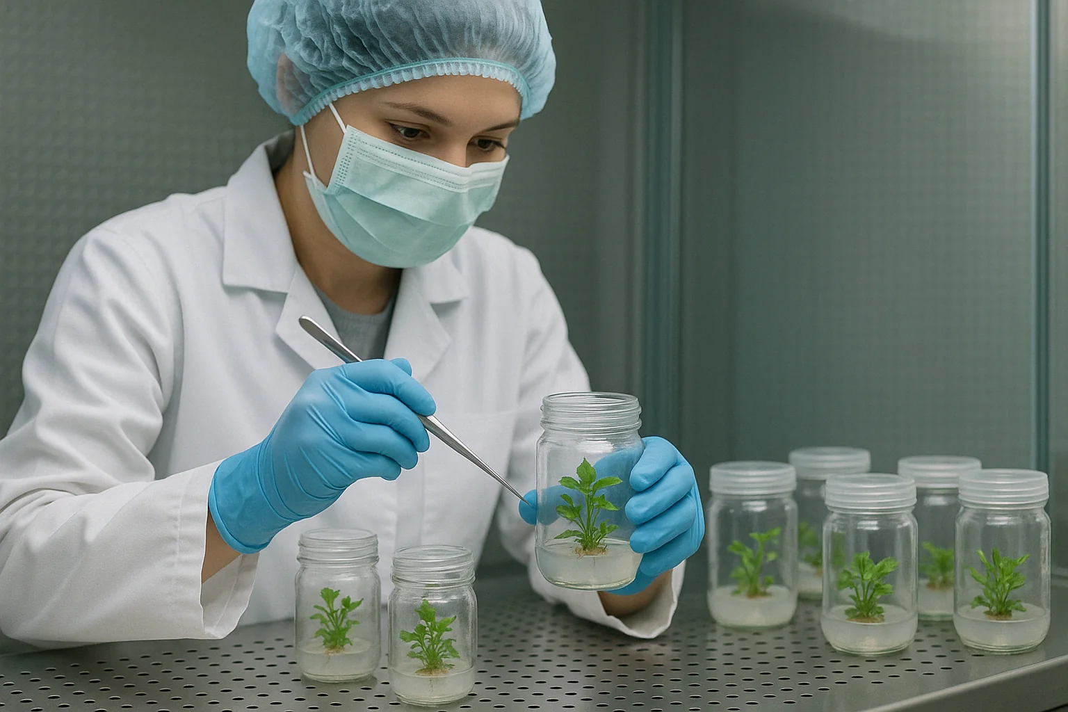 A scientist in a lab coat and blue gloves examines plant specimens in glass jars filled with sterile liquid, on a metal table.