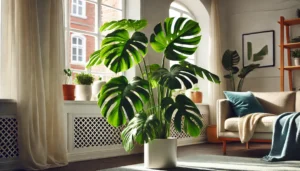 A vibrant monstera plant with large, split leaves stands in a bright, airy room adorned with cozy furnishings and plants.